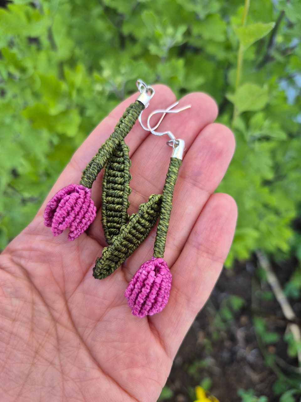 Aritos de macramé flor tulipán ganchos de plata 925