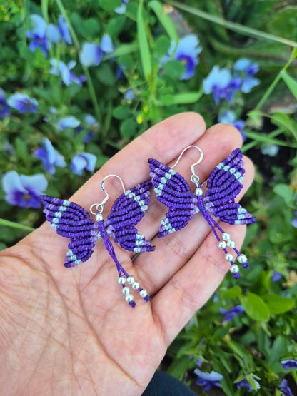 Aritos de macramé mariposa pequeña ganchos de plata 925