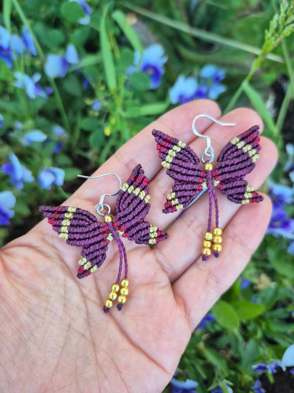 Aritos de macramé mariposa pequeña ganchos de plata 925