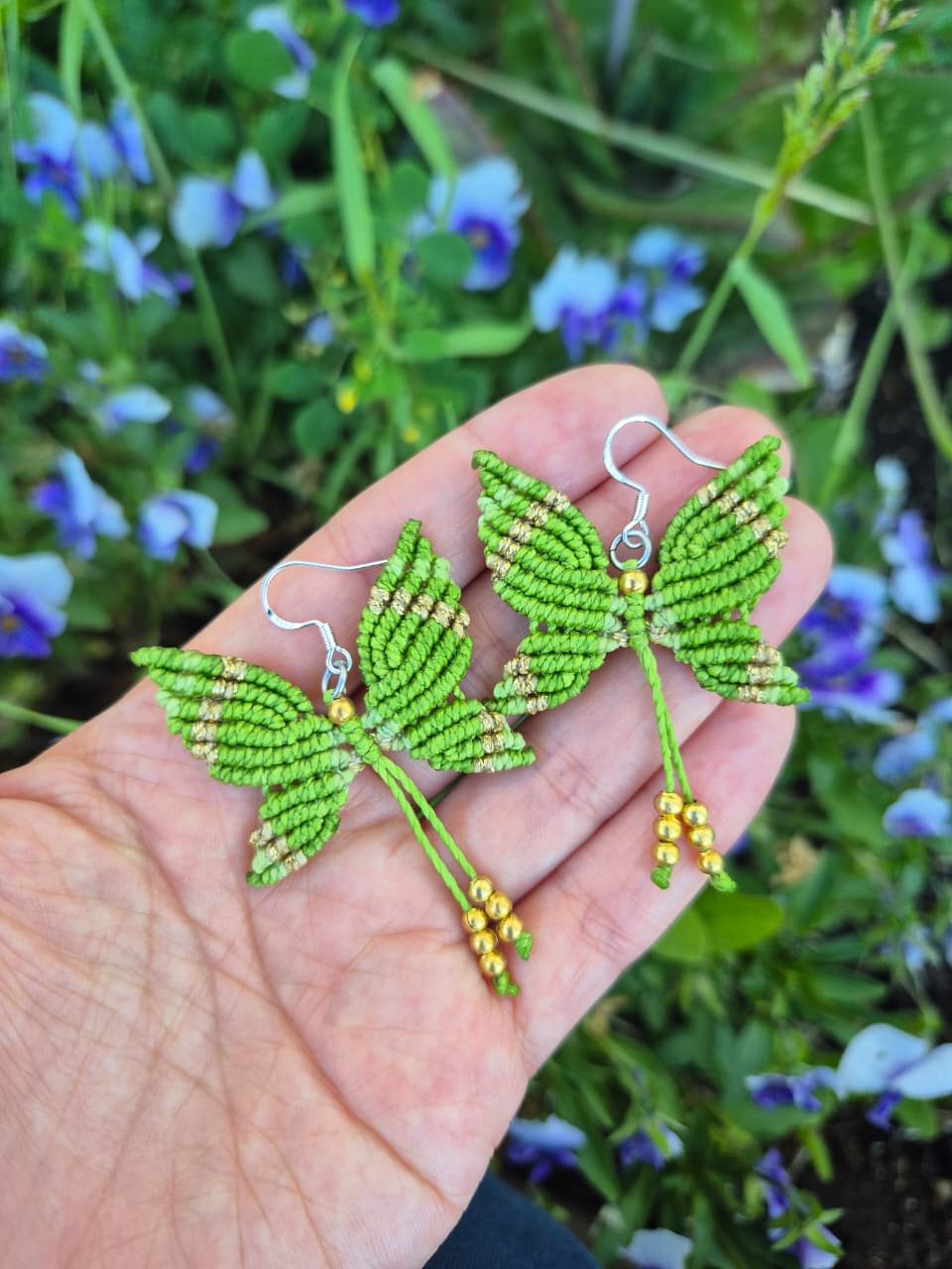 Aritos de macramé mariposa pequeña ganchos de plata 925