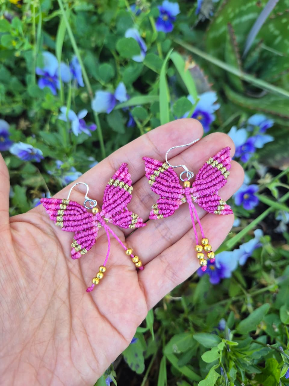 Aritos de macramé mariposa pequeña ganchos de plata 925