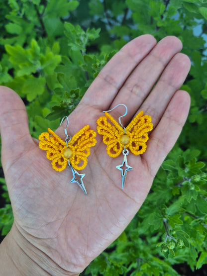 Aritos de macramé mini mariposa cruz ganchos de plata 925