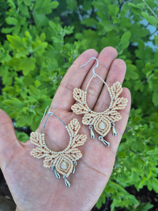 Aritos macramé gota y hojas ganchos de plata 925