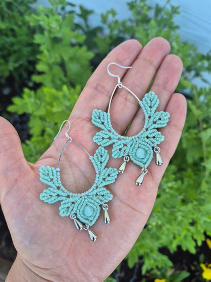 Aritos macramé gota y hojas ganchos de plata 925