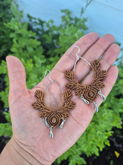 Aritos macramé gota y hojas ganchos de plata 925