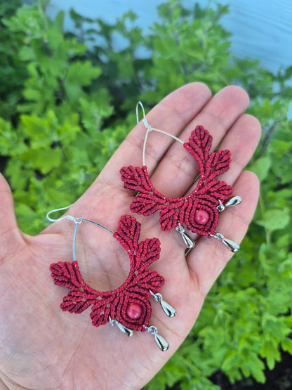 Aritos macramé gota y hojas ganchos de plata 925