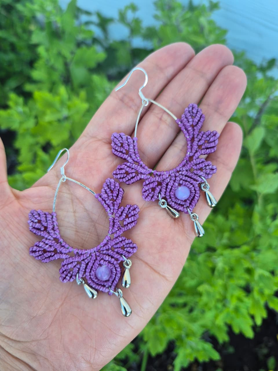 Aritos macramé gota y hojas ganchos de plata 925