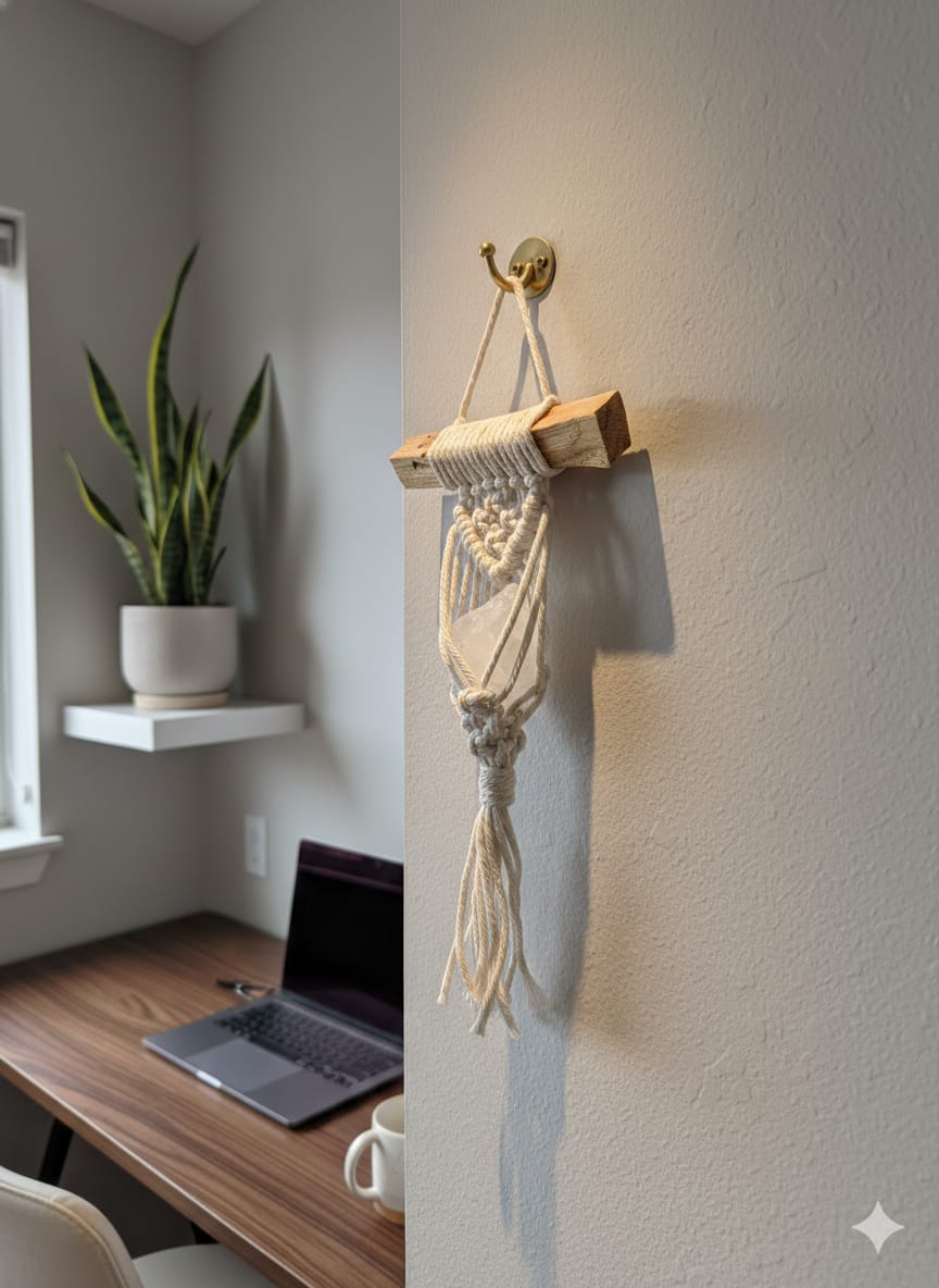 Amuleto de pared de palo santo tejido en macramé con cuarzo a elección