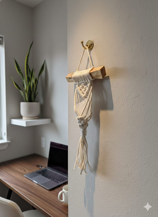 Amuleto de pared de palo santo tejido en macramé con cuarzo a elección