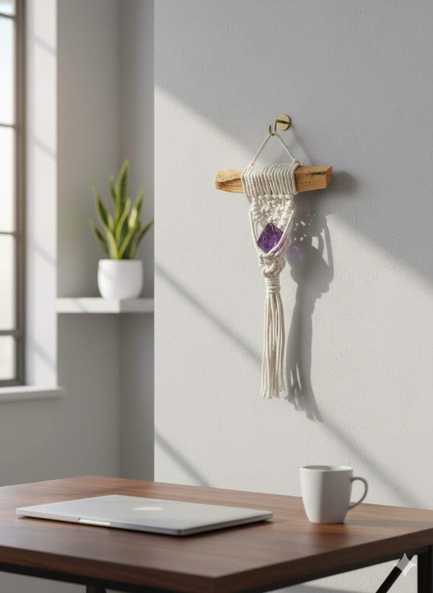 Amuleto de pared de palo santo tejido en macramé con cuarzo a elección