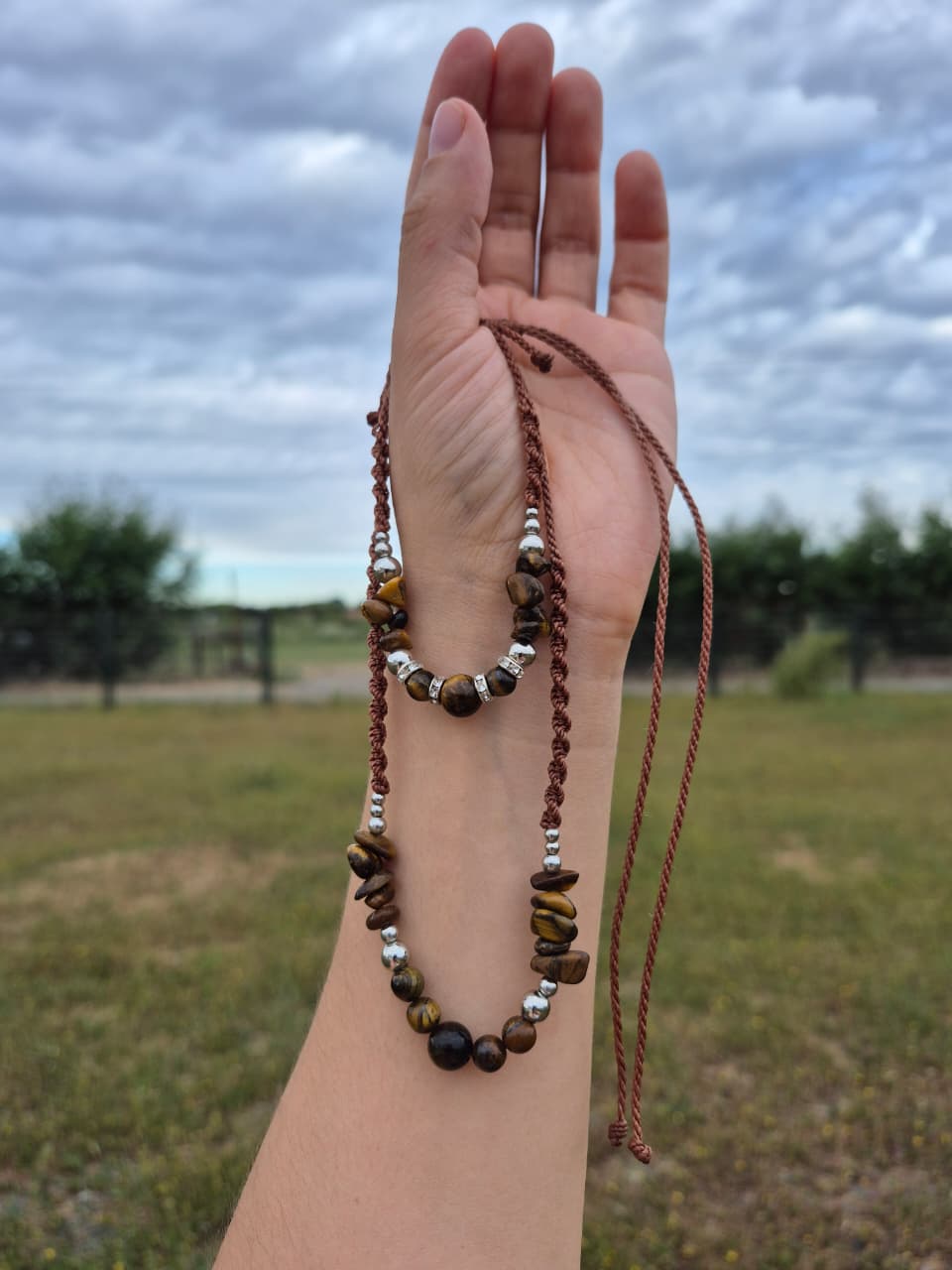 Conjunto collar + pulsera macramé ojo de tigre