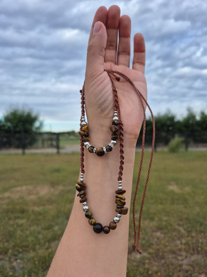Conjunto collar + pulsera macramé ojo de tigre