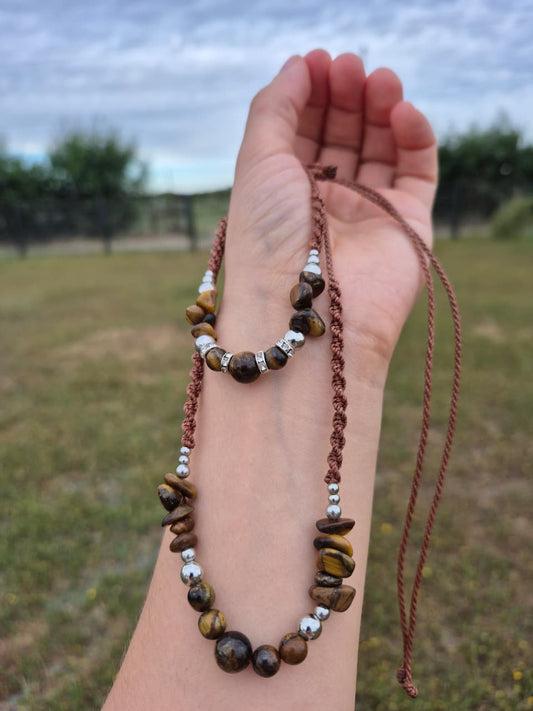 Conjunto collar + pulsera macramé ojo de tigre