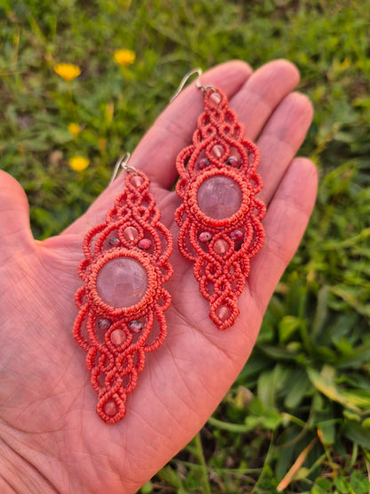 Aritos macramé cuarzo rosa grandes ganchos de plata 925