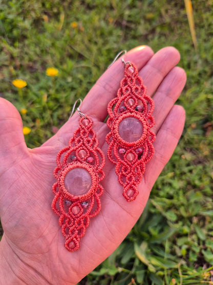 Aritos macramé cuarzo rosa grandes ganchos de plata 925