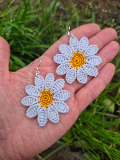 Aritos macramé margaritas ganchos de plata 925
