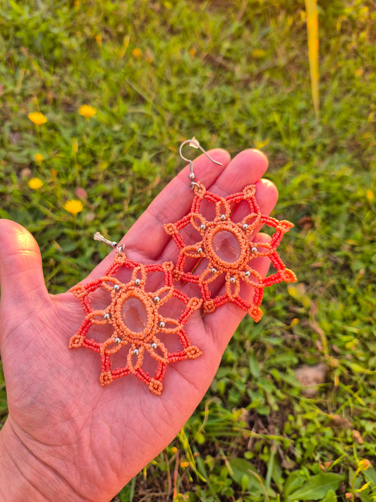 Aritos macramé mandala cuarzo cristal ganchos de plata