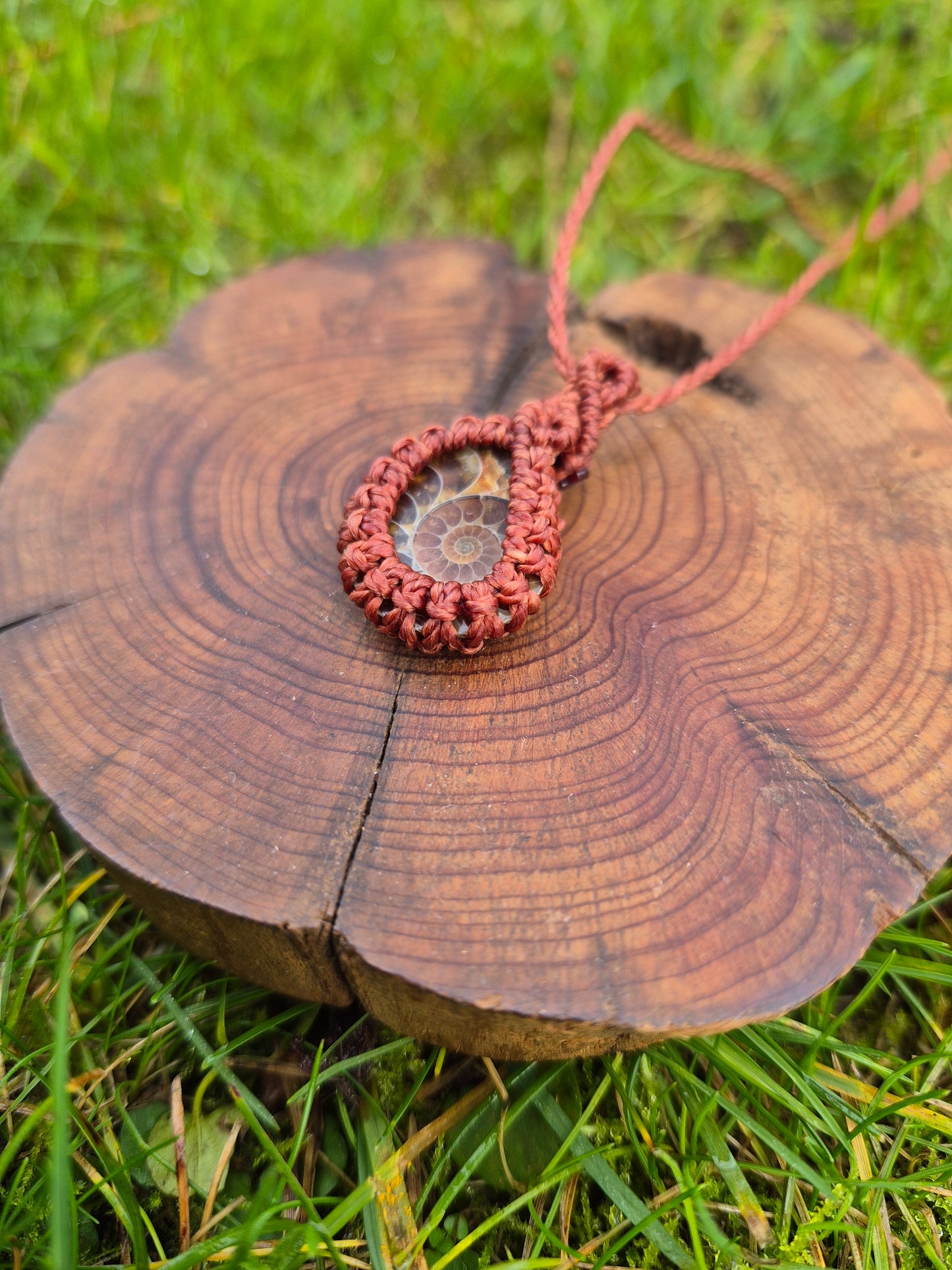 Collar de macramé con fósil Amonite