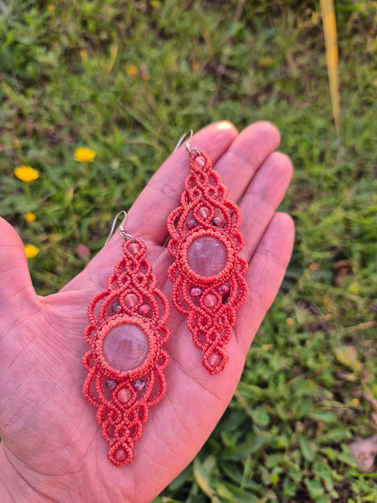 Aritos macramé cuarzo rosa grandes ganchos de plata 925