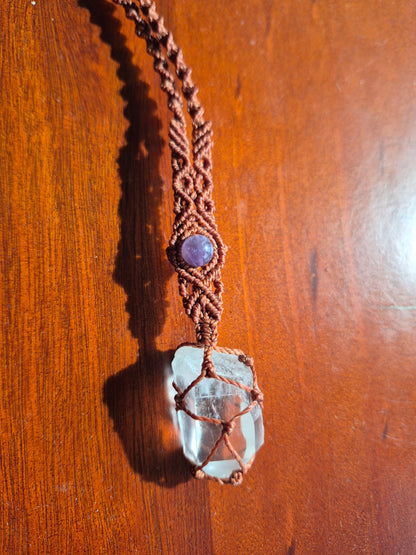 Collar cuarzo cristal y amatista macramé regulable