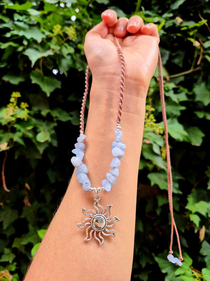 Conjunto collar aritos macramé piedra aguamarina